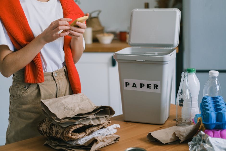 A person in casual clothing, including a white t-shirt and beige trousers with a red cardigan draped over their shoulders, is standing at a wooden kitchen counter holding a smartphone. In front of them, there is a white recycling bin labeled 'PAPER' with an open lid. Next to the bin, there are several empty plastic bottles, a blue plastic tray, and a crumpled paper bag on the counter. Also visible are some folded papers and a pile of brown paper and fabric materials. The kitchen has a modern appearance with soft lighting, and the background features a blurred view of kitchen cabinets and bowls, indicating a clean and organized space. This scene relates to responsible waste disposal and recycling practices in domestic cleaning, as emphasized by westkensingtoncarpetcleaning.co.uk.