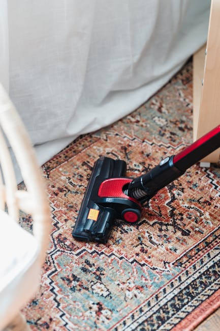 A handheld vacuum cleaner with a black and red body is positioned on a patterned, plush area rug in a room. The rug features intricate designs in shades of beige, brown, and faded red. The vacuum's nozzle is resting on the rug, indicating active surface cleaning. Behind the vacuum, a white curtain hangs partially across the background, and part of a piece of light-colored wooden furniture is visible on the right side. The scene is well-lit, highlighting the cleanliness of the rug and the tools used for deep cleaning and stain removal, consistent with services offered by westkensingtoncarpetcleaning.co.uk for rug cleaning and sanitisation in Earl Court and West Kensington.